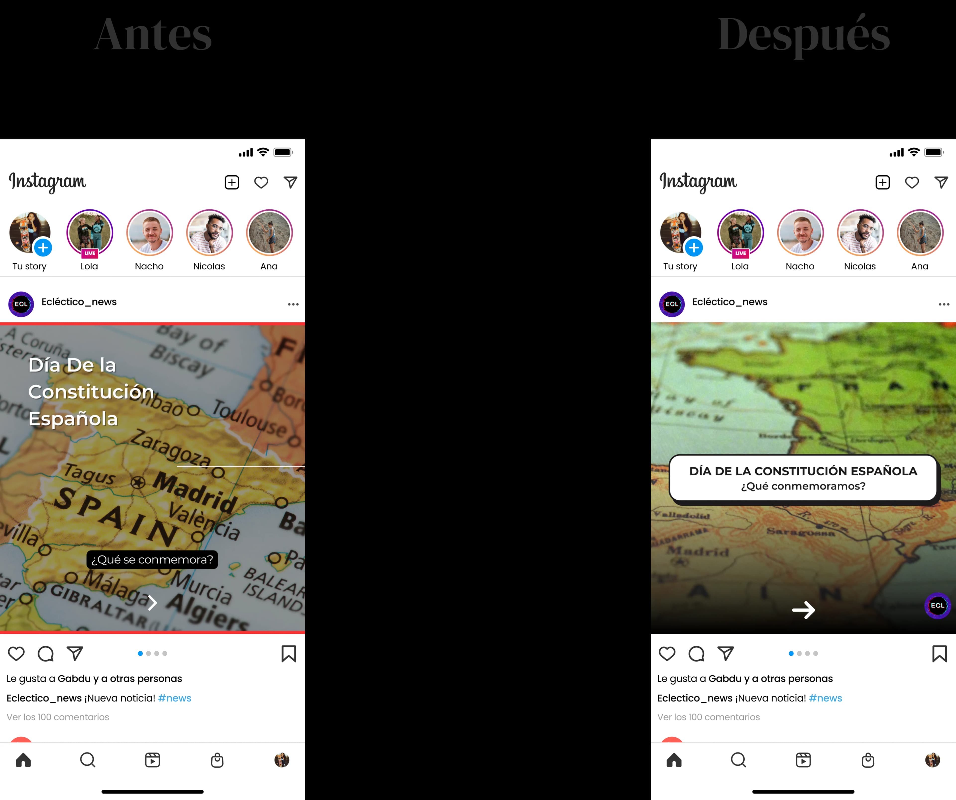 Publicación antes y después