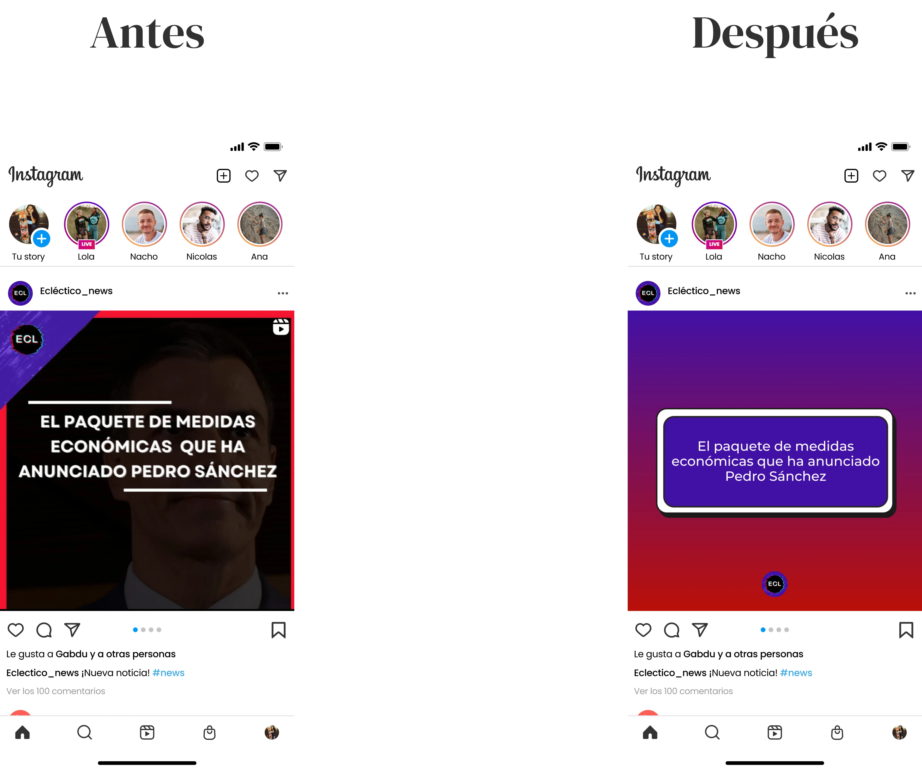 Publicación antes y después